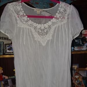 SHEER WHITE BOHO FLOWY 70s STYLE PEASANT TOP LACE TRIM -NWT S